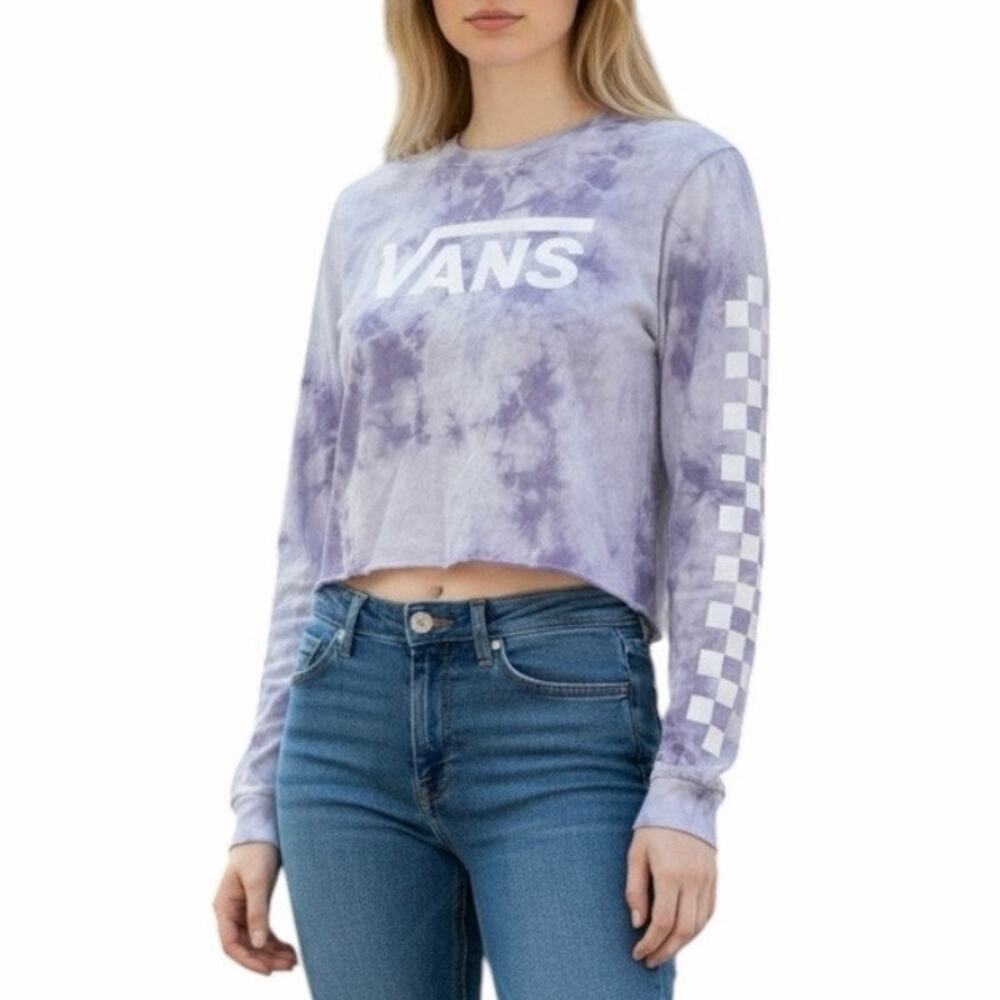 Vans Purple Gray Tie Dye Marbled Crop Long Sleeve Shirt X-Small XS Checkerboard
